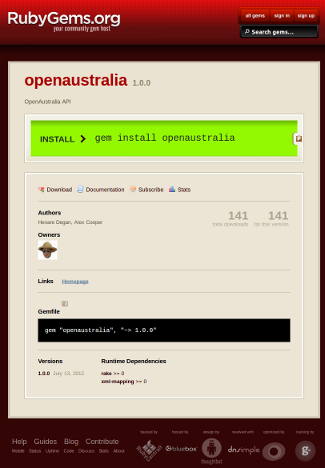 Screenshot of OpenAustralia API on RubyGems.org